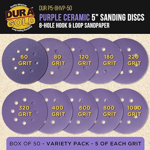 Dura-Gold Premium 5" Purple Film Ceramic Sanding Discs, 8-Hole Pattern, 50 Disc Variety Pack, Grits 60, 80, 120, 180, 220, 320, 400, 600, 800, 1000 - Hook & Loop Sandpaper, DA & Random Orbital Sander