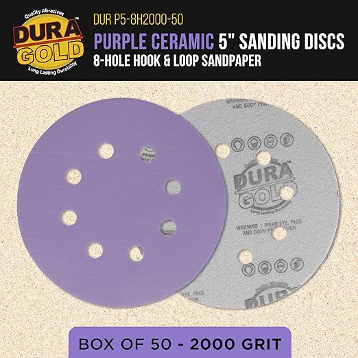 Dura-Gold Premium 2000 Grit 5" Purple Film Ceramic Sanding Discs, 8-Hole Pattern, Box of 50 - Dustless Hook & Loop Backing Sandpaper for DA & Random Orbital Sanders - Detail Color Sand Auto Paint Wood