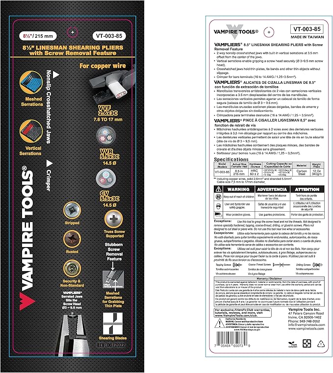 VAMPLIERS 8.5" Shearing Linesman Pliers, Electrician Side Cutting Pliers Screw Extractor Jaws, Crimper, & Shearing Blades. Easily Cut PVC insulated 3-Core Cable, Copper Wire, Soft Metals