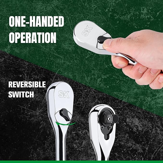 SK 3-Piece Ratchet Set, 1/4″, 3/8″, 1/2″ Drive Ratchet, Pear Head, 90-Tooth, Alloy Steel, with Contoured Handle