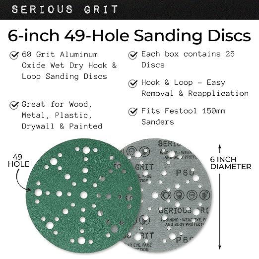 6-Inch 49-Hole 60 Grit Sanding Discs - Heavy-Duty Hook & Loop Film Discs - Sandpaper for Random Orbital Sanders - 25 Pack Box