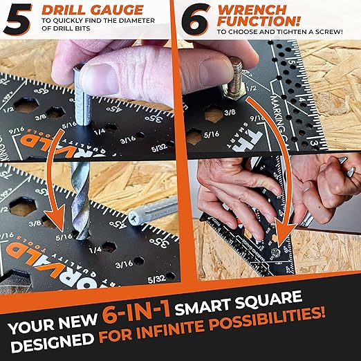 THORVALD 6-in-1 Carpenter Square 7 inch (1/16" Precision) - T Square Multi-Purpose Carpenter Tools : Wrench, Square, Protractor, Ruler, Marking Gauge, Drill Gauge