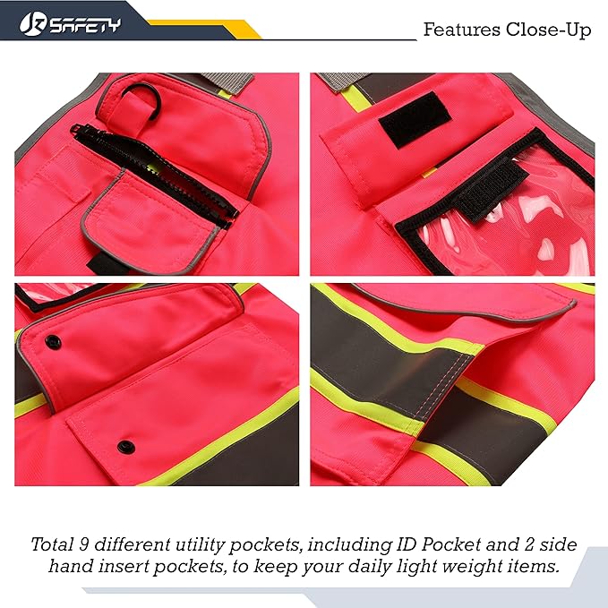 JKSafety 9 Pockets High Visibility Zipper Front Safety Vest | Pink with Dual Tone High Reflective Strips | Meets ANSI/ISEA Standards (901-Pink, Medium)