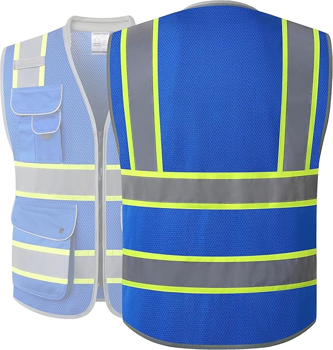 JKSafety 9 Pockets Hi-Vis Safety Vest Breathable Mesh Fabric Cushioned Collar Work Utility PPE Lightweight Industrial Work Gear ANSI/ISEA compliant (101-Blue XL)