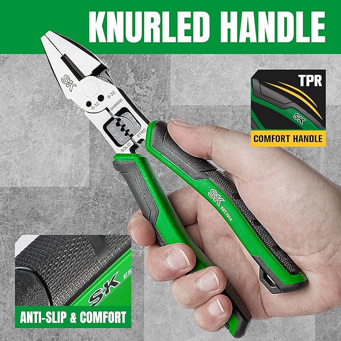 SK 8-Inch Multi-use Linesman Pliers, 6 IN 1, Premium CR-V Steel Construction, Ergonomic Anti-slip Handle for Comfortable Grip