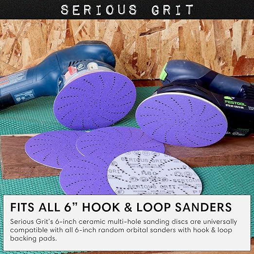 6-Inch 400 Grit Ceramic Multi-Hole Hook & Loop Sanding Discs - Advanced Grain for Fast Cutting & Long Life - Film-Backed Universal Fit Sandpaper for 6-in Sanders - 50 Pack Box