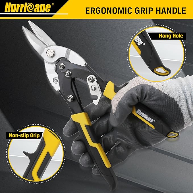 HURRICANE 10 Inch Aviation Tin Snips, Cr-Mo Aviation Snips for Cutting Metal Sheet, Heavy Duty Sheet Metal Cutter Shear, Straight Cut, High Leverage Aviation Snip, Up to 40% Labor Saving