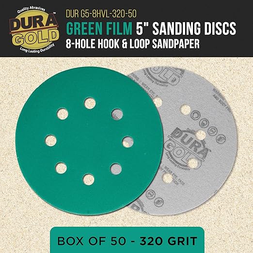 Dura-Gold Premium 320 Grit 5" Green Film Sanding Discs, 8-Hole Pattern, Box of 50 - Dustless Hook & Loop Backing Sandpaper for DA & Random Orbital Sanders, Sand Automotive Paint Woodworking Furniture