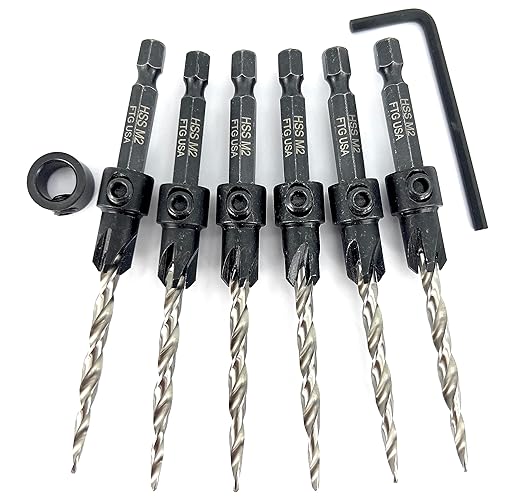 FTG USA Countersink Drill Bit Set for Wood with Tapered Drill Bit 6 Pc #10 (3/16")