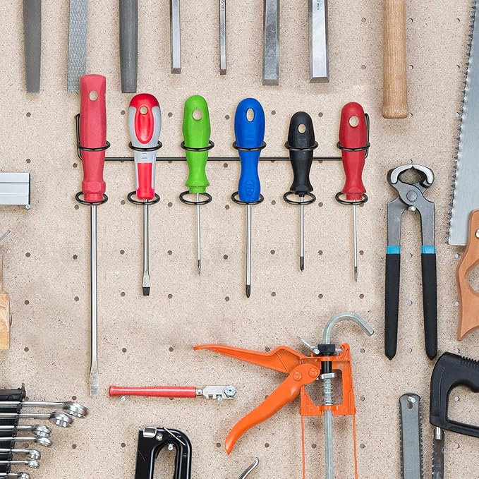 Hotop 2 Pieces Pegboard Screwdriver Holder Peg Board Tool Utility Hooks Pegboard Accessories Six-Tool Organizer Racks Accessory Multi-Ring Holder for Pliers(Black)