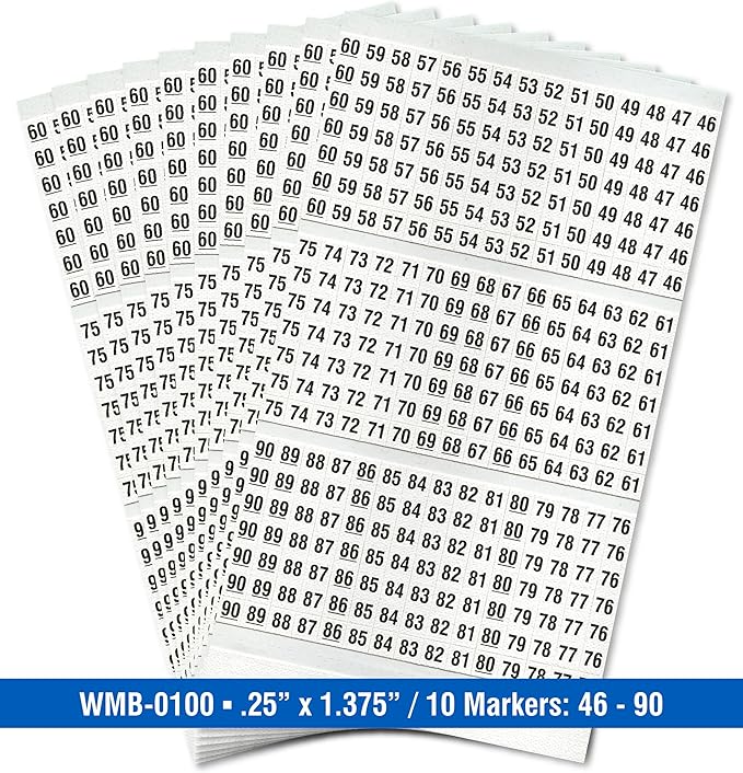 Premium Wire Marker Book for Cable Management, Vinyl-Coated, High-Tack Adhesive, Electric Panel Wire Label Stickers - 10 Pages, 1 Book, Numbered 46-90 (Pack of 5)