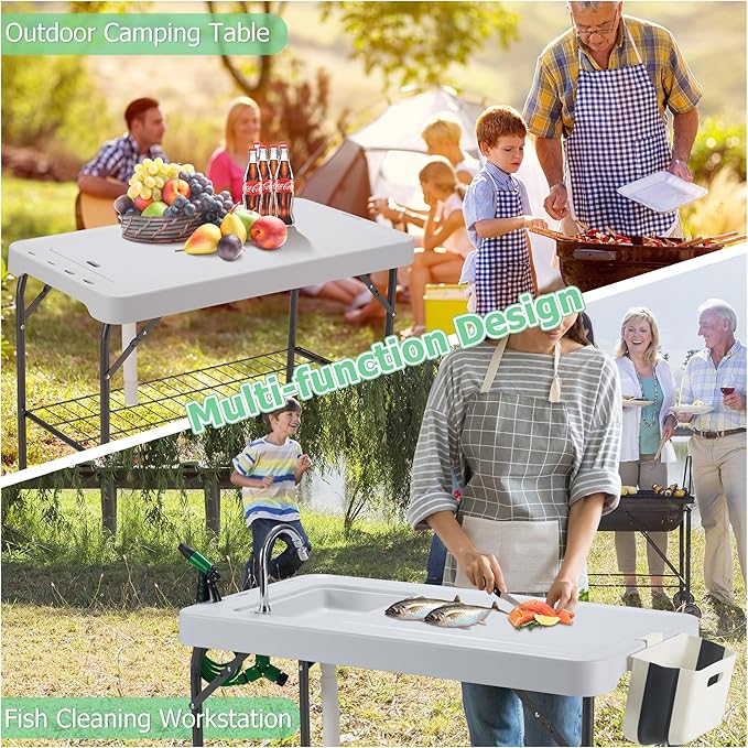 AHB 42'' Outdoor Fish Cleaning Table Portable Camping Sink Station with Double Sinks, Collapsible Swivel Faucet, Picnic Sink Table with 6pc Fish Cleaning Kit for Picnic Beach Patio