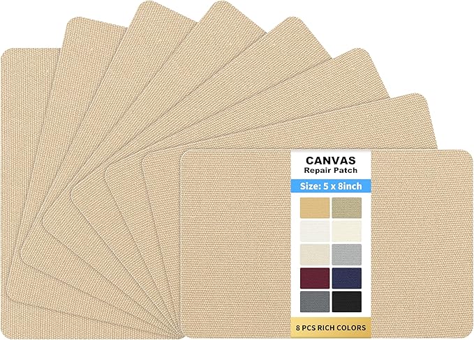 KING MOUNTAIN Canvas Repair Patch 5×8 Inch 8 Pcs Self-Adhesive Waterproof Fabric Patch for Sofas, Tents, Furniture,Tote Bags, Car Seats (Khaki)
