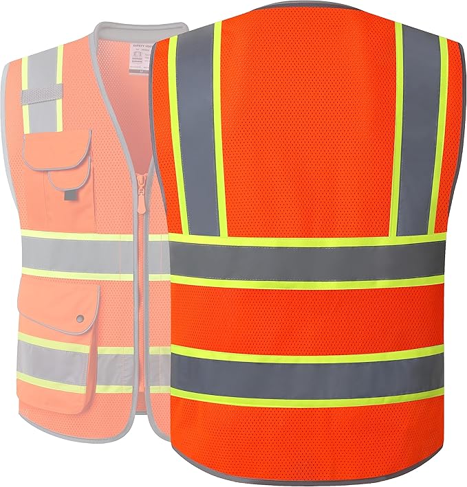 JKSafety 9 Pockets Hi-Vis Safety Vest Breathable Mesh Fabric Cushioned Collar Work Utility PPE Lightweight Industrial Work Gear ANSI/ISEA compliant (101-Orange XL)