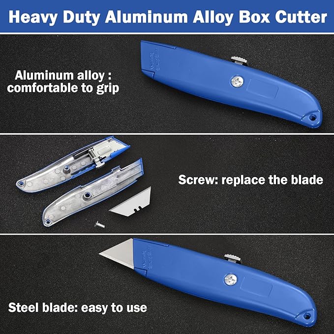 Reginary 20 Pcs Box Cutter Bulk Retractable Utility Knife Heavy Duty Aluminum Alloy Razor Knife for Cardboard Box Carton Opener for DIY, Factory, Home Office(Dark Blue)