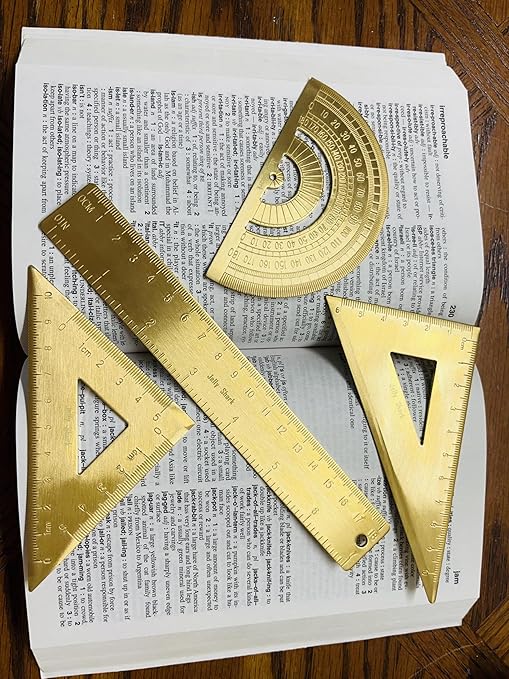 Golden Brass Ruler Stationery Set - Durable Brass Ruler (Isosceles - Right Triangular, 18cm Scale, Protractor)