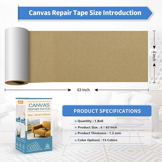 KING MOUNTAIN Canvas Repair Tape,Outdoor Gear Patch, 4×63 Inches,Waterproof,Self-Adhesive for Repairing Boat Covers,Sun Shades,Sofas,Tents,Lounge Chairs,Awnings (Flaxen)