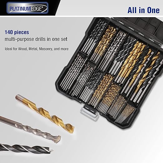 PLATINUMEDGE 140PC Multipurpose Drill Bits Set, 88PC Titanium Twist Drill Bits 26 Pc Masonry Drill Bits for Brick, Concrete 26 Pc Brad Point Drill Bits, for Wood, Metal, Masonry with Hard Storage Case