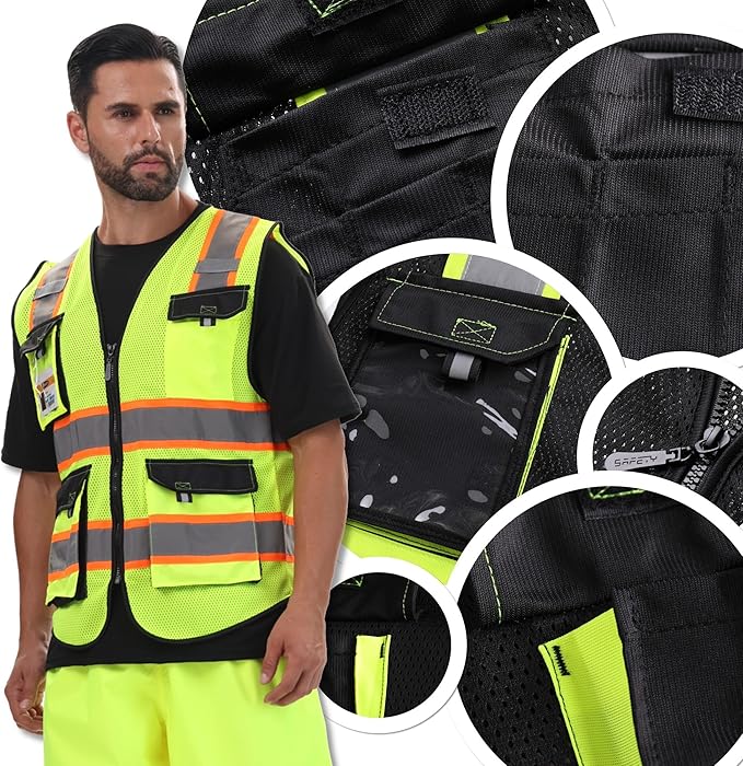 JKSafety Hi Vis Reflective Safety Vests for Men Women High Visibility Vest with Pockets Mesh Fabric Construction Safety Apparel Neon Vest for Work (220-Black XXL)