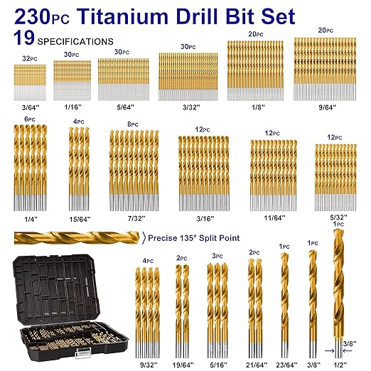 230 Pieces Titanium Twist Drill Bit Set, 135° Tip High Speed Steel, Size from 3/64" up to 1/2", Ideal Drilling in Wood/Cast Iron/Aluminum Alloy/Plastic/Fiberglass, with Hard Storage