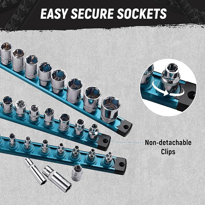 ALOANES Magnetic Socket Organizer, 3/8-Inch Drive Aluminum Socket Holder Socket Tray, Heavy Duty Socket Rail Organizer for Tool Box Drawer, 360°Swivel Clips Socket Rack 3/8-Inch x 14 Clips (Aqua Blue)