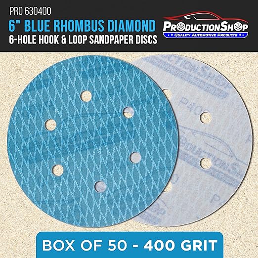 Premium 400 Grit 6" Rhombus Diamond Shape Blue Sanding Discs, 6-Hole, Box of 50 - Hook & Loop Anti-Clogging J-Cloth Dustless Sandpaper for Random Orbital Sanders, Sand Auto Paint, Wood