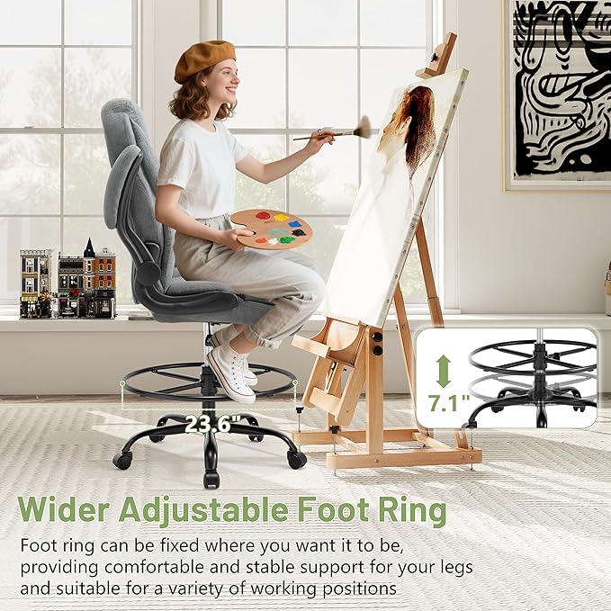 500LBS Drafting Chair, High Back Safer Standing Desk Chair, Executive Tall Office Chair with Flip-up Armrests, Upholstered Fabric Task Chair, Ergonomic Seat with Adjustable Height&Foot Ring, Grey