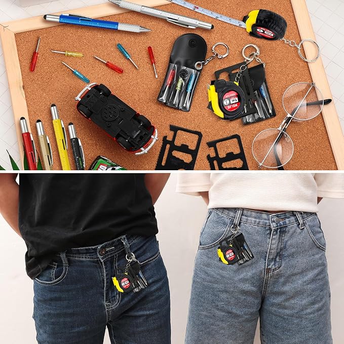 120 Pcs Mini Tape Screwdriver Keychain Set Christmas Men Gifts Bulk Adult Party Favors Multitool Pen Card Tool Measuring Keychains Stocking Christmas Stuffers for Men Dad (Multicolor)