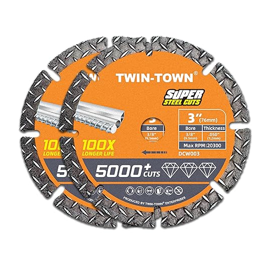 TWIN-TOWN 3" Diamond Cutting Wheel with 3/8" Arbor, Metal Cut Off Wheel, Carbide Cutting Wheel for Angle Grinder, 5000+ Cuts on Rebar, Steel, Iron, and INOX,2 Pack