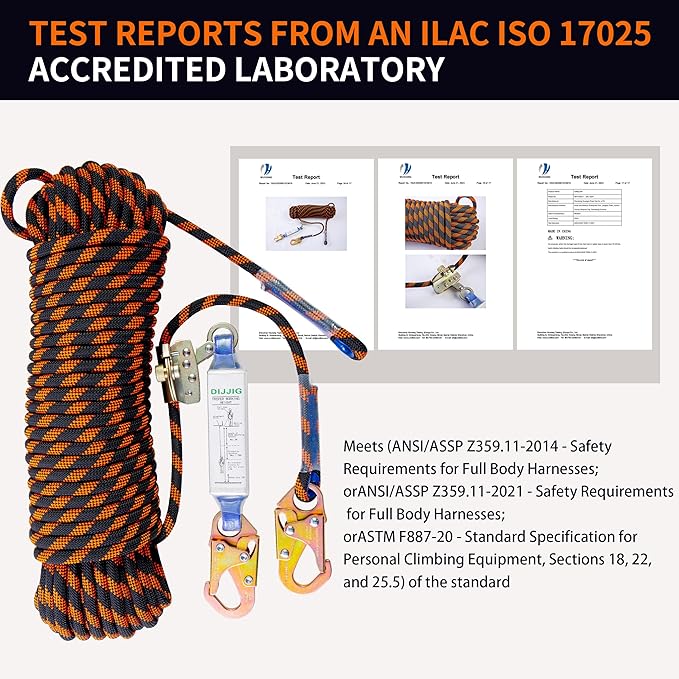 Rope Harness Safety Lanyard 50ft Vertical Roofing Rope with Grab Snap Hooks Shock Absorber Fall Protection Tree Climbing Line Kit Heavy Duty Roof Safety Equipment ANSI CE