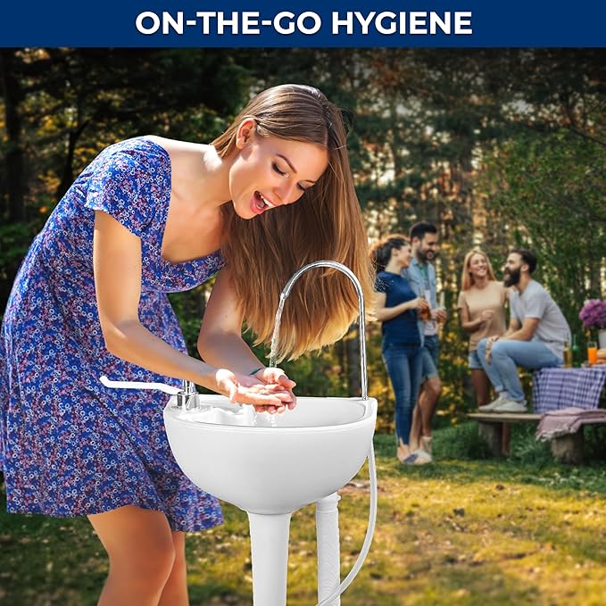 SereneLife Portable Hand Wash Sink, 24L Waste Tank, Rolling Wheels, Quick Assembly Outdoor Sink With Hands Free Foot Pump and Soap Dispenser, Ideal for Outdoor Events, Camping, Boating and Worksites
