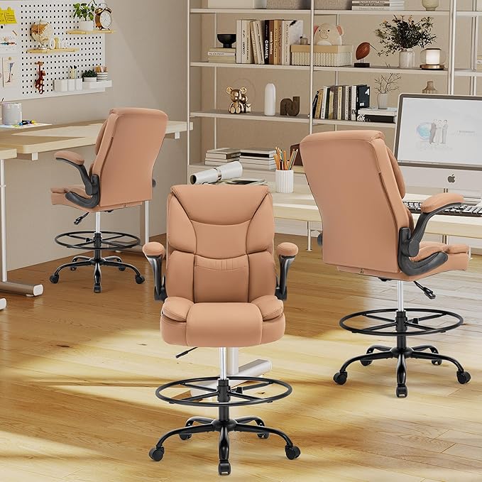 500LBS Drafting Chair, High Back Safer Standing Desk Chair, Executive Tall Office Chair with Flip-up Armrests, Upholstered PU Leather Task Chair, Ergonomic Seat with Adjustable Height&Foot Ring, Brown