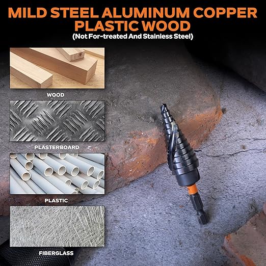 KSEIBI 5 Steps 7/8-1-3/8 inch SAE Standard Industrial Grade Step Drill Bit 3 Flat Shank, 575082 High-Speed Steel Metal Drill Bits Black Oxide M2 Material