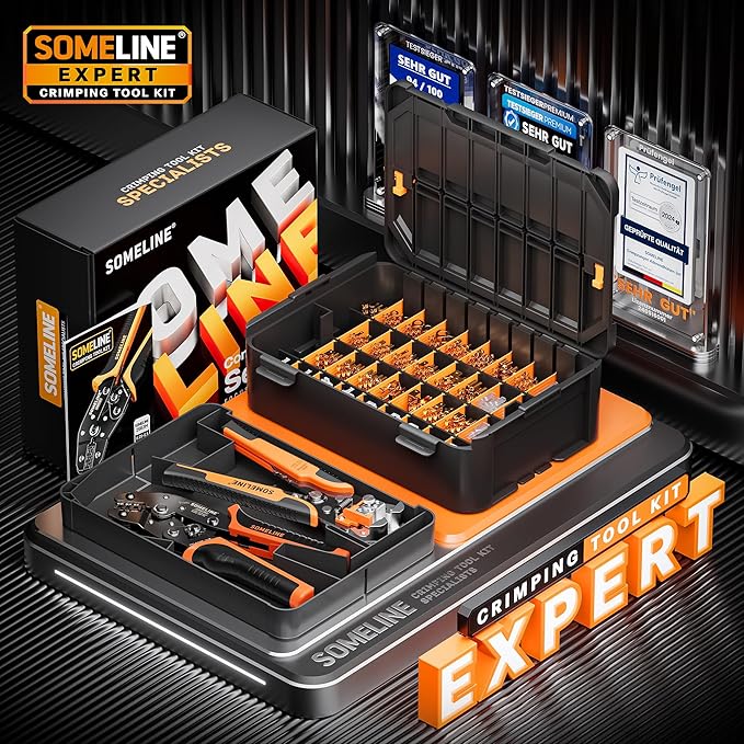 SOMELINE Spade Connector Crimping Tool Kit 24–14 AWG, 40 Types 2.8/4.8/6.3/7.8 mm Quick Disconnect Non-Insulated Connectors and Terminal Housings – Open Barrel Crimping Tool & Automatic Wire Stripper