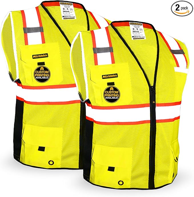 KwikSafety - Charlotte, NC - BIG KAHUNA Safety Vest [2 PACK] Class 2 ANSI OSHA Reflective Vest Durable High Visibility Vest Construction Safety Vest for Men Industrial Work Gear/Yellow Small