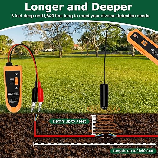 Underground Wire Locator, Up to 3 Feet Deep and 1,640 Feet Long, Wire Detector with Headset and Battery, Underground Wire Breaker Locator for Pet Fence, Underground Irrigation and Power Line
