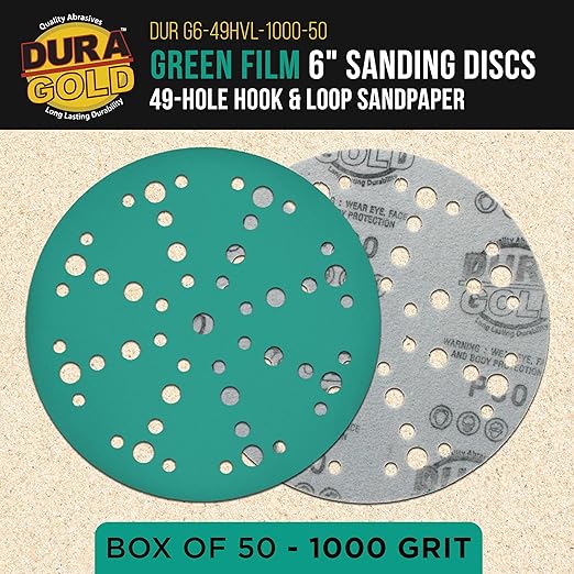 Dura-Gold Premium 1000 Grit 6" Green Film Sanding Discs, 49-Hole Pattern, Box of 50 - Heavy-Duty Dustless Hook & Loop Backing Sandpaper for DA, Random Orbital Sander, Detail Color Sand Auto Paint Wood