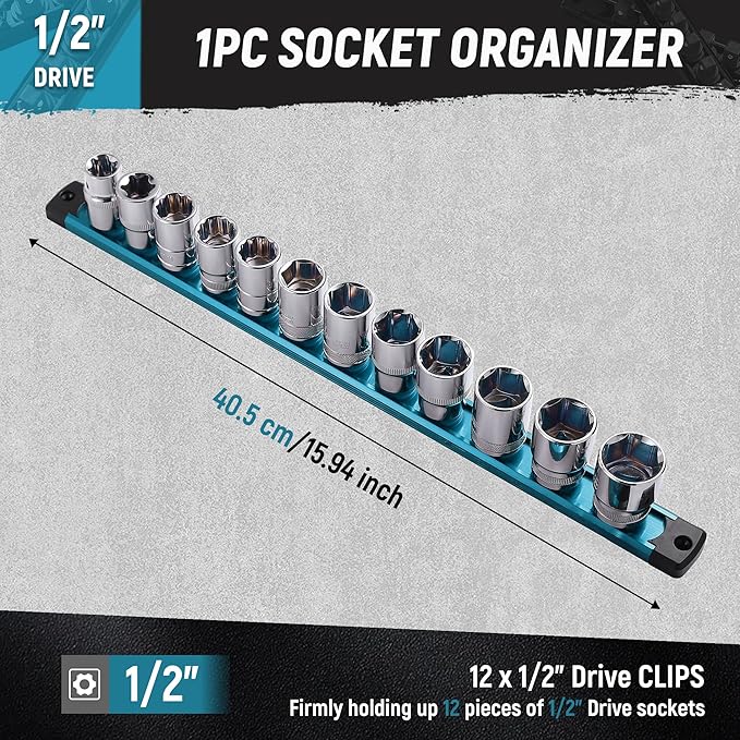 ALOANES Magnetic Socket Organizer, 1/2-Inch Drive Aluminum Socket Holder Socket Tray, Heavy Duty Socket Rail Organizer for Tool Box Drawer, 360°Swivel Clips Socket Rack 1/2-Inch x 12 Clips (Aqua Blue)