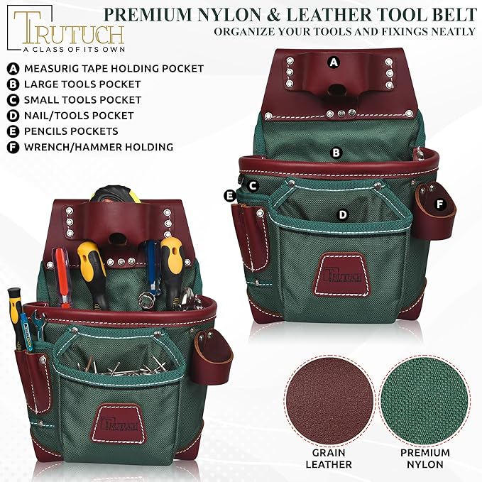 Nylon and Leather Tool Belt | Framing Tool Bags | Leather Tool Belts | Nylon Tool Pouch | Carpenter Tool Belt | Construction | Framers | Electrician (Green)