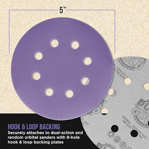 Dura-Gold Premium 400 Grit 5" Purple Film Ceramic Sanding Discs, 8-Hole Pattern, Box of 50 - Dustless Hook & Loop Backing Sandpaper for DA & Random Orbital Sanders - Sand Auto Paint, Wood, Woodworking