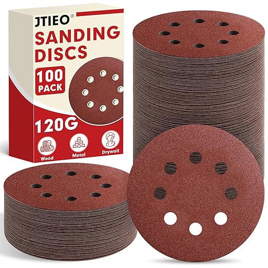 JTIEO 5 Inch Sanding Discs – 100 PCS 120 Grit Sandpaper Assortment, Hook & Loop Orbital Sander Pads, Round Sanding Pads for Random Orbital Sanders