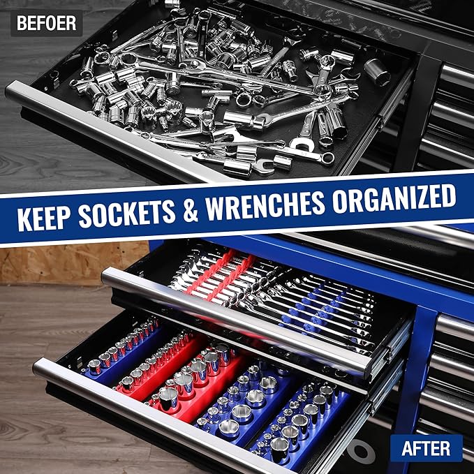 WORKPRO 8-Piece Magnetic Socket Organizer and Magnetic Wrench Organizer Set, Socket Holder Set 1/4", 3/8", 1/2" Drive Metric SAE Socket Storage, Metric SAE Wrench Holder(Socket, Wrench not Included)