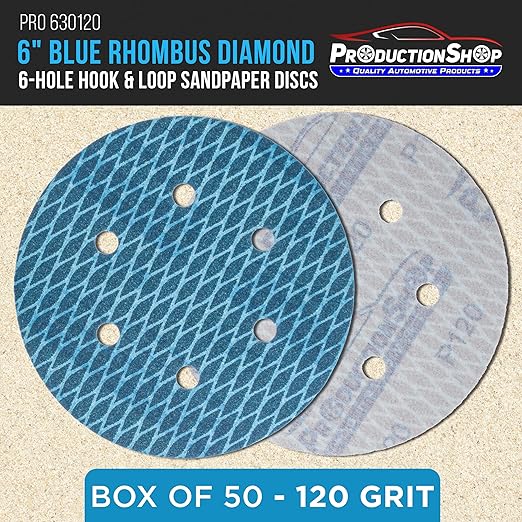Premium 120 Grit 6" Rhombus Diamond Shape Blue Sanding Discs, 6-Hole, Box of 50 - Hook & Loop Anti-Clogging J-Cloth Dustless Sandpaper for Random Orbital Sanders, Sand Auto Paint, Wood