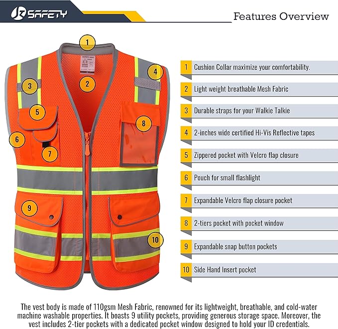 JKSafety 9 Pockets Hi-Vis Safety Vest Breathable Mesh Fabric Cushioned Collar Work Utility PPE Lightweight Industrial Work Gear ANSI/ISEA compliant (101-Orange L)