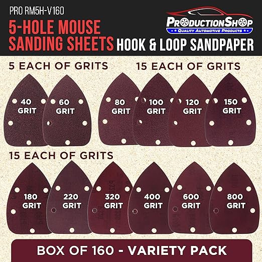 Premium 5-Hole Pattern Mouse Detail Sander Sandpaper Sheets, 160 Disc Variety Pack, Grits 40, 60, 80, 100, 120, 150, 180, 220, 320, 400, 600, 800 - Hook & Loop - Woodworking Furniture