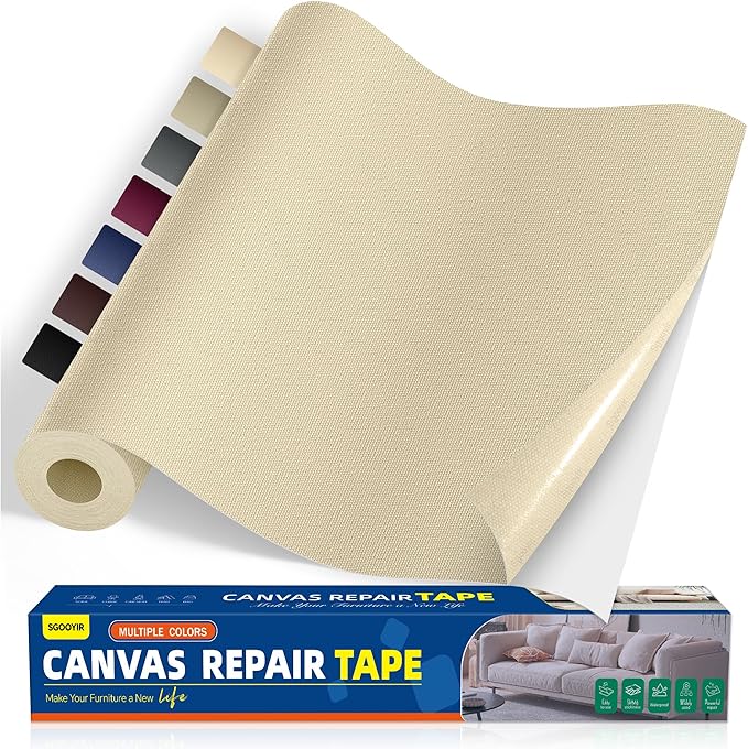 Self-Adhesive Canvas Repair Tape, 16" x 79" Waterproof Canvas Repair Patch, Fabric Patch Repairs Kit for Furniture, Tents, Sunbrellas, Boat Covers Awnings, Couches, Clothes, Bags Light Beige