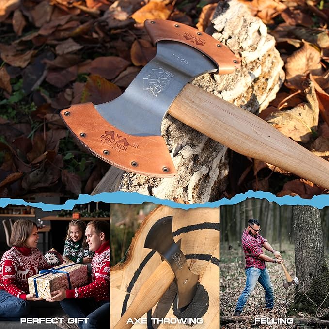 Prandi Axes C45 Forged Carbon Steel Throwing Axe - Hickory Handle - Double Bit Axe for Competitions and Recreation - S/N 3T.054.12.CH - 24" L x 10.67" W, 1200g Polished Head, No Sheath