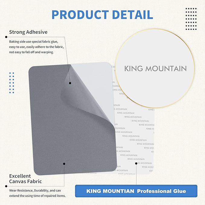 KING MOUNTAIN Canvas Repair Patch 9 x11 Inch 2 Pcs Self-Adhesive Waterproof Fabric Patch for Sofas, Tents, Furniture,Tote Bags, Car Seats (Grey-1)