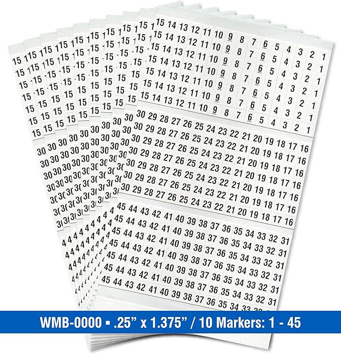 Premium Wire Marker Book for Cable Management, Vinyl-Coated, High-Tack Adhesive, Electric Panel Wire Label Stickers - 10 Pages, 1 Book, Numbered 1-45 (Pack of 1)