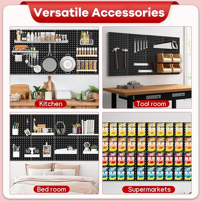 4 Pack Black Metal Pegboard Panels, Heavy Duty Steel Peg Boards Wall Organizer with Screw, Anchors and Washer Accessories for Garage, Tool Storage, Office Organization, Craft Room, Kitchen